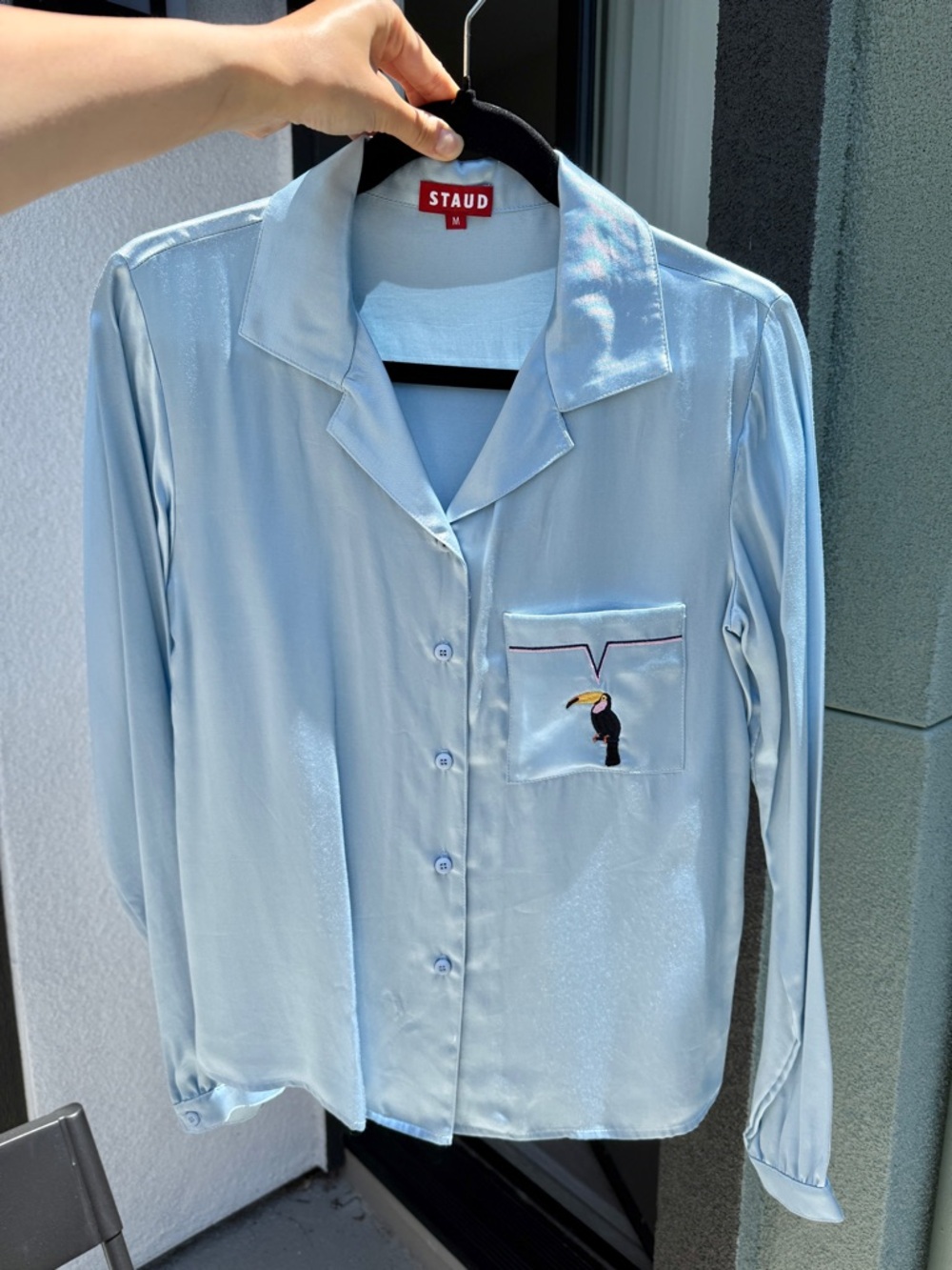 STAUD Pale Blue Satin Button-Front Shirt with Chest Pocket